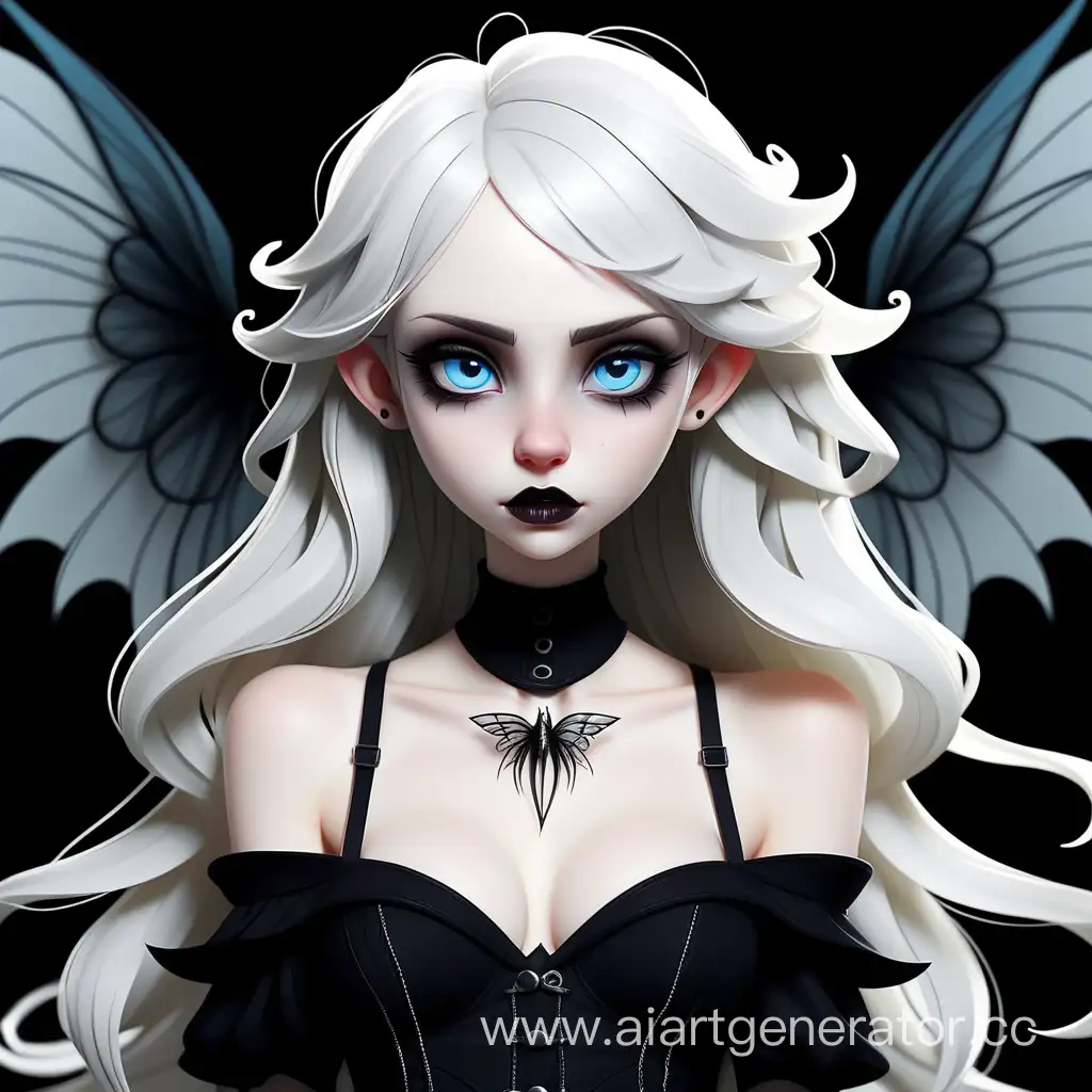 Fairy, girl, slender body, short, goth style, white skin, white hair, long hair, wavy hair, little nose, blue eyes, big lips, goth style clothes, big wings, semi-transparent wings, wings with pointed ends