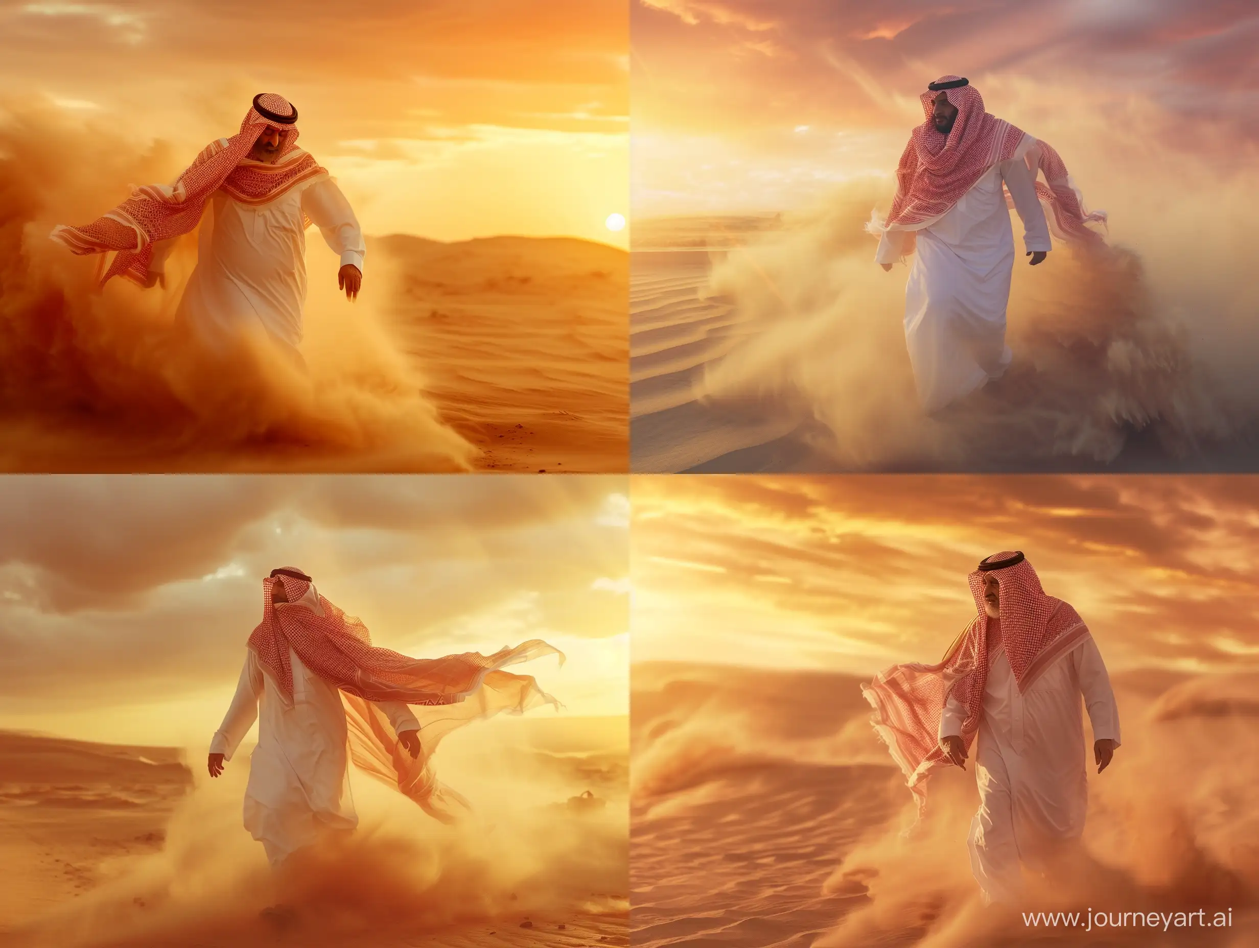 An opening photo of an old Saudi prince wearing the traditional white Saudi dress and a red shemagh,  disappears in a sandstorm on a desert-like planet at sunset in the style of a cinematic masterpiece, professional cinematography, shallow depth of field, subject in focus, professional color grading, precise dynamic movement, cinematic film, professional cinematic shot camera