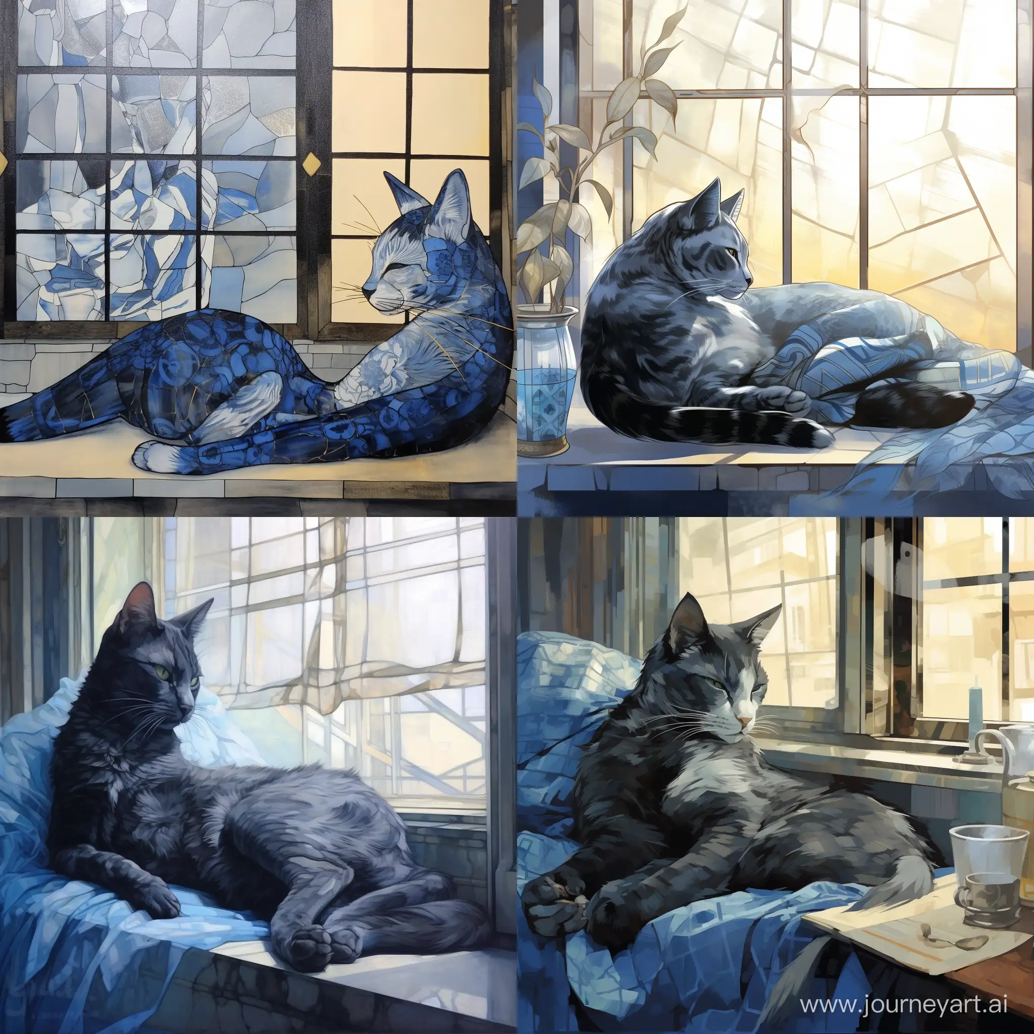 Kintsugi, голубая кошка с черными узорами лениво разлеглась на фоне окна, мягкий свет проникает через окна отбрасывая блики на кошку