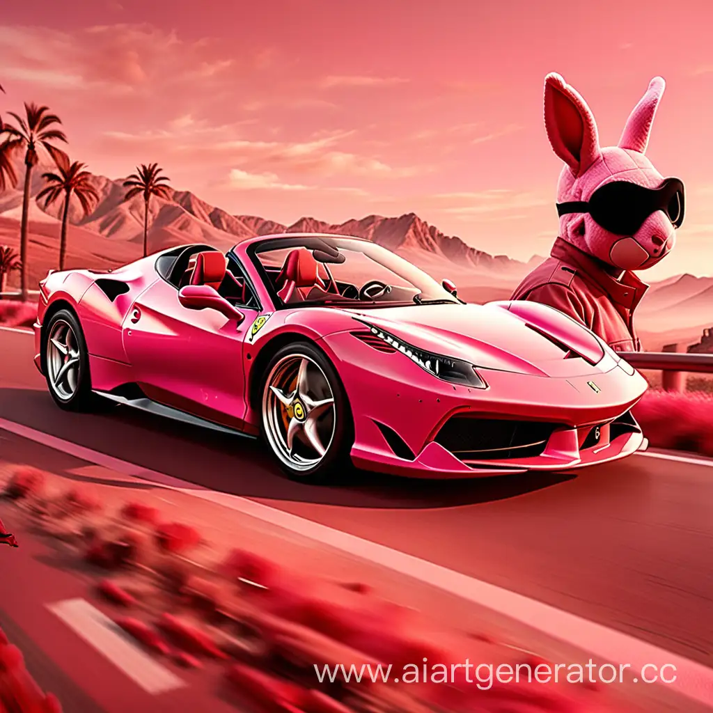 красный ferrari уезжающий вдаль на фоне розовых тонов в высоком качестве, за рулем розовый заяц в маске