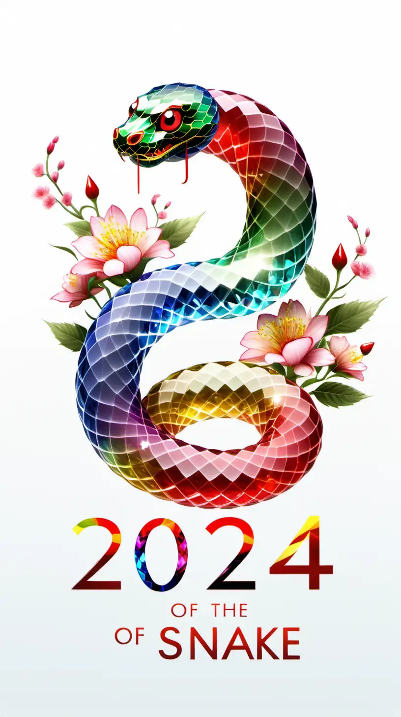 year of the snake, 2024, colourful crystal, with flowers and a white background