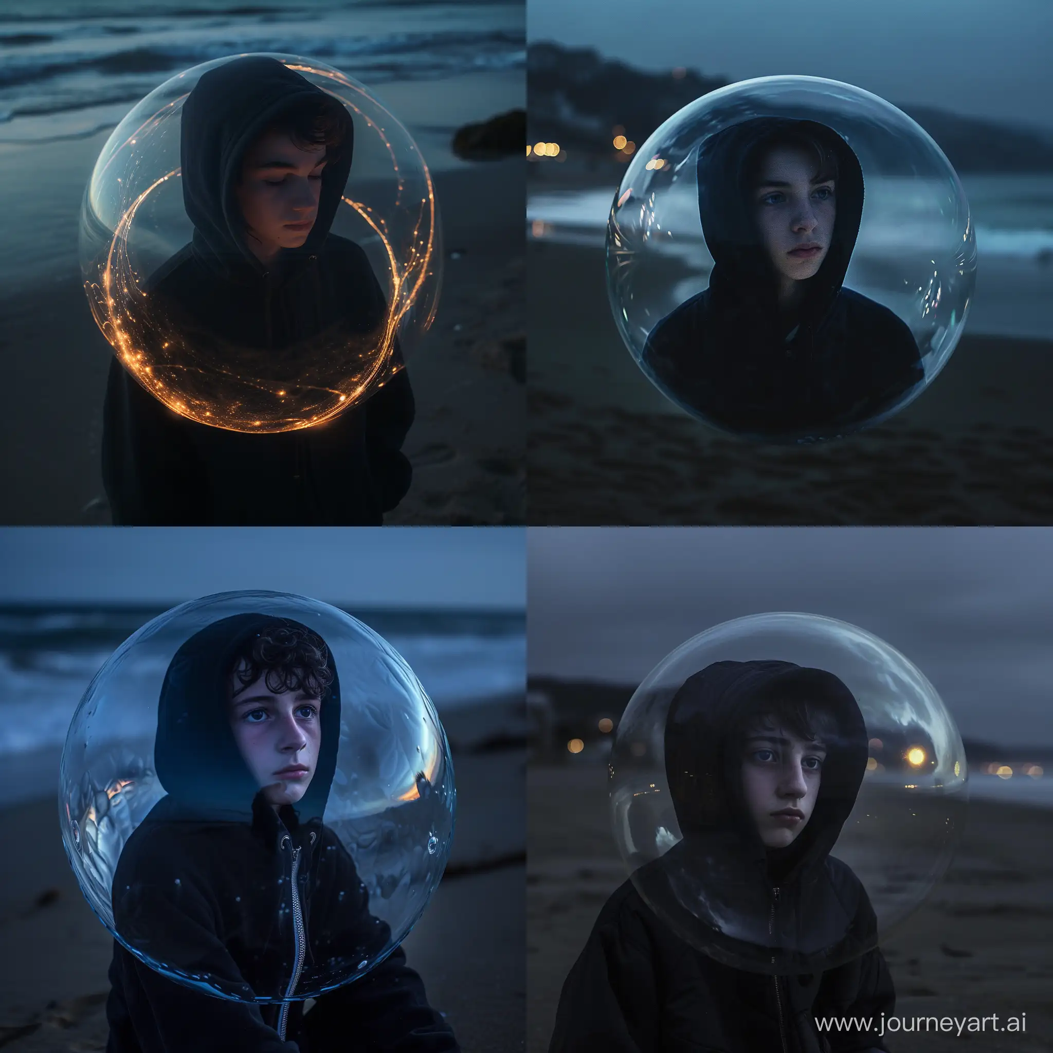 Enigmatic-Night-Invisible-Bubble-and-Hooded-Teen-by-the-Beach