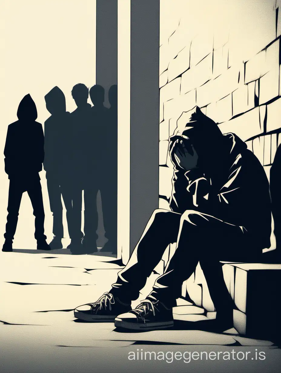 A sad teenager sits, leaning against the wall and covering his face with hands, while around him, the blurry silhouettes of angry teenagers, minimalistic style, art