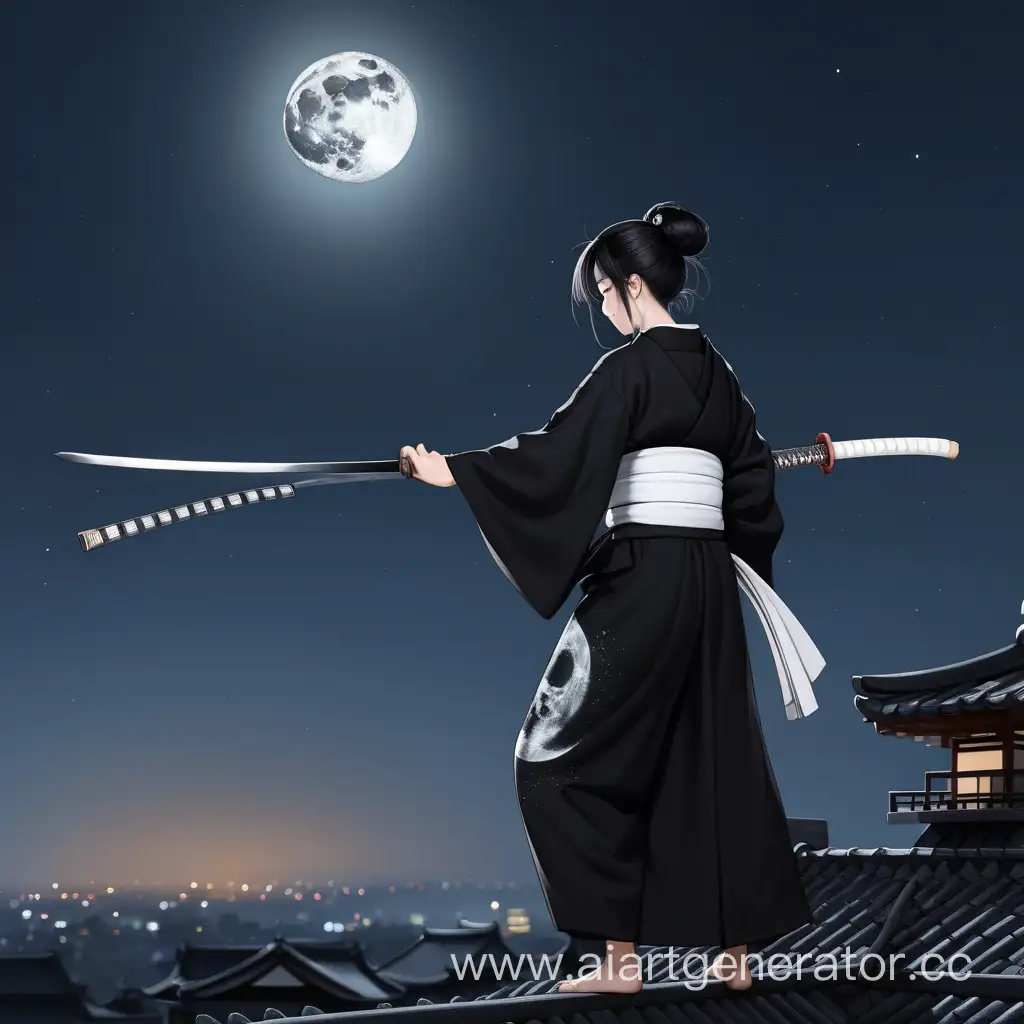 Человек на крыше в чёрном кимоно и белым поясом на кимоно, держит катану и смотрит на луну