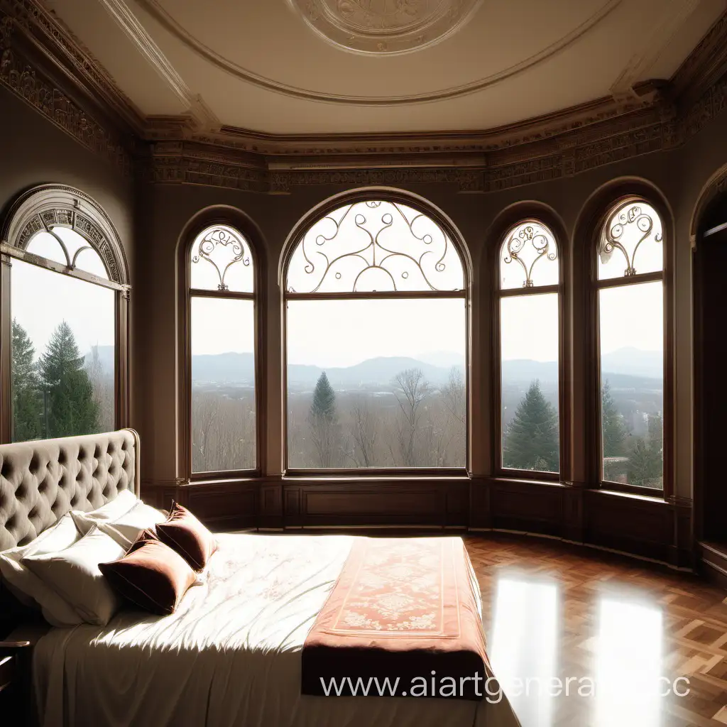 Пустая кровать в большом особняке у окна с красивым видом