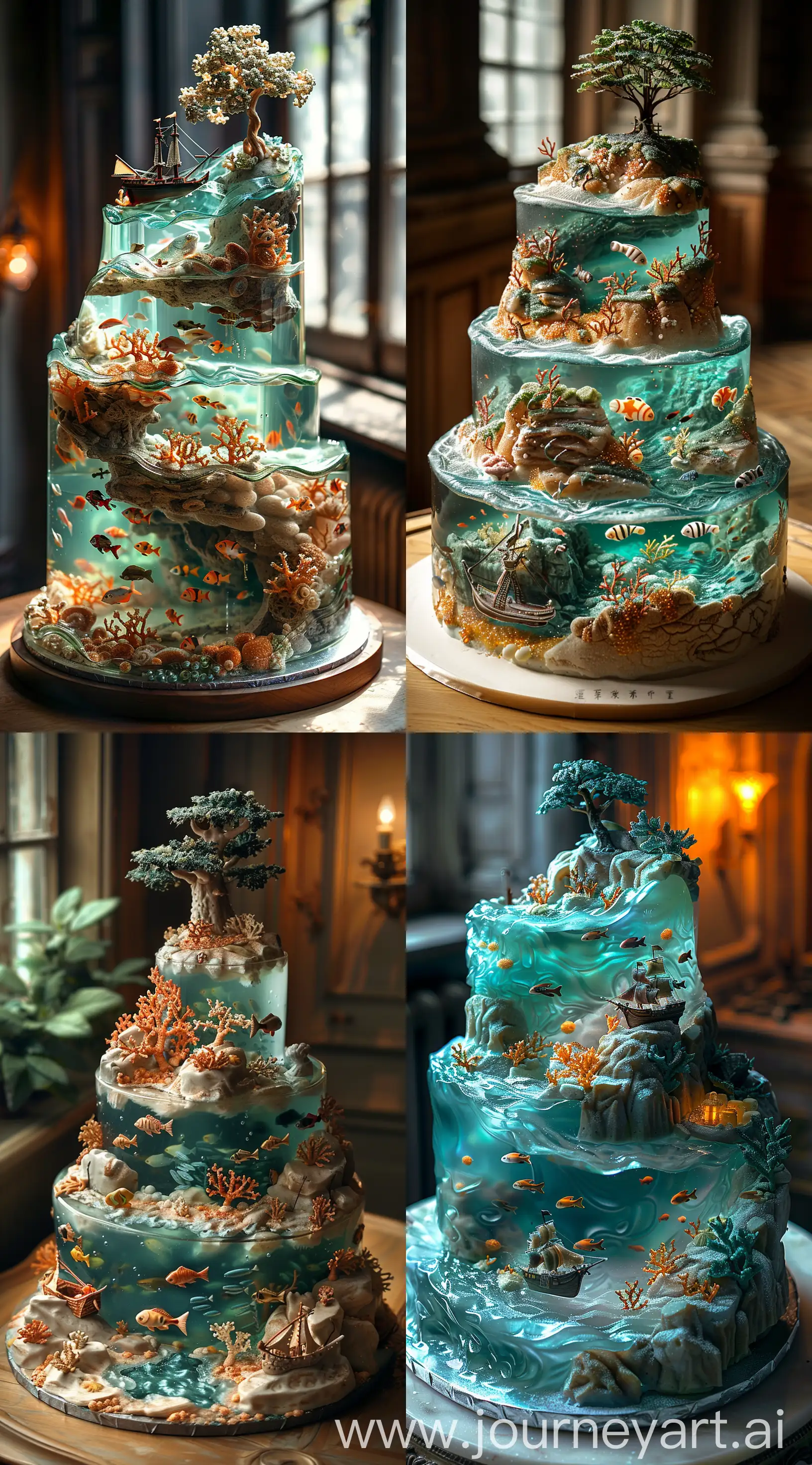 By Hirohiko Araki and Yoji Shinkawa || A_beautiful_amazing hyperdetailed 3-tiered WEDDING_cake with! the cake is made of a beautiful underwater landscape made of delicious gelatin, candy fish and candy coral underwater, tiny pirate ships and trees above land on the cake, on_a_table_in_a_DIMLY_LIT_GOTHIC_ROOM intricate hyperdetailed --s 750 --ar 71:128
