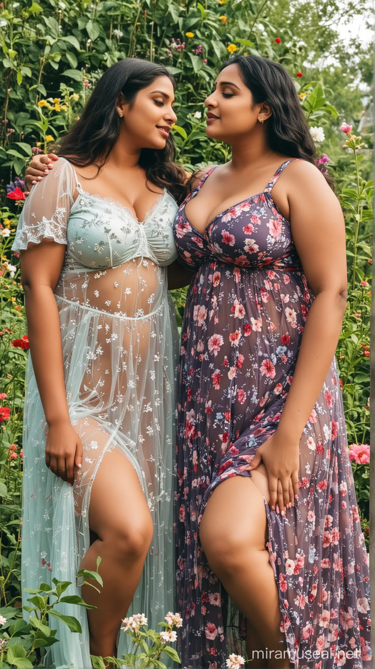 plus size indian curvy women lesbian biggest boobs big bust with net nighty on the flower garden background looking at each other lovingly with flowers. Their eyes are open and one of them has a prosthetic arm