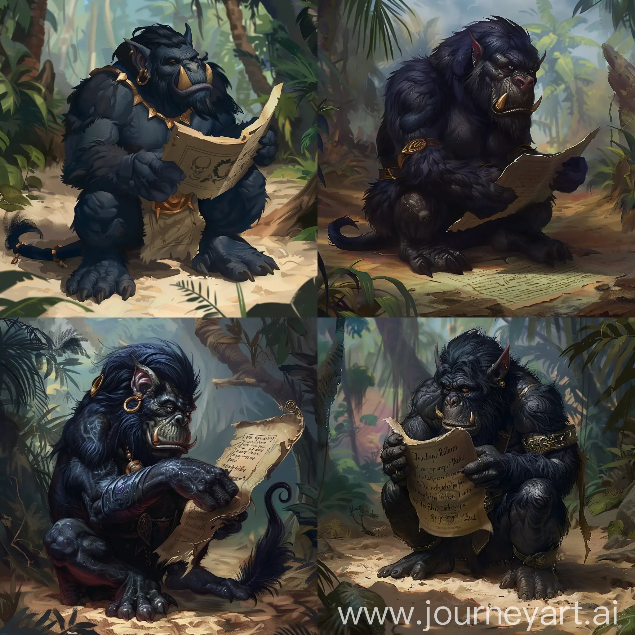 Zandalari-Black-Troll-Reading-Scroll-in-Jungle-Setting