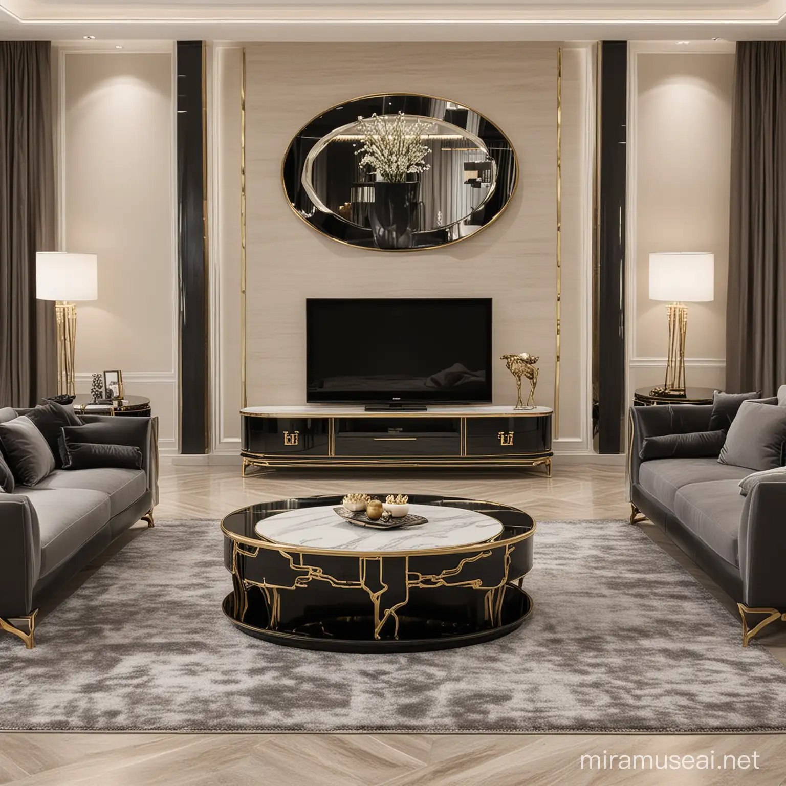 Luxury Oval Living Room Furniture Set with Big TV and Black Accents