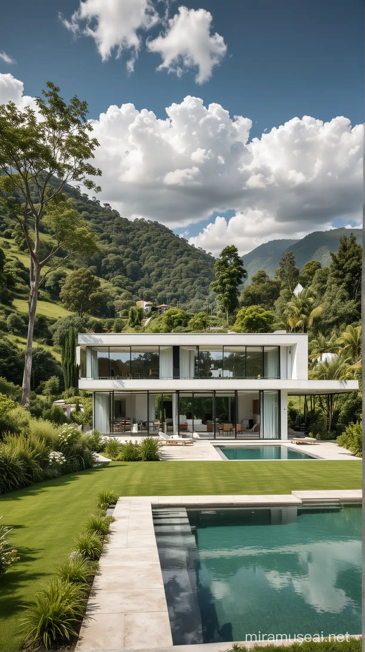 sebuah rumah modern dengan tampilan minimalis, terletak di tengah perbukitan hijau yang mempesona. Bangunannya memiliki desain geometris yang bersih dengan jendela-jendela besar yang memungkinkan cahaya alami masuk ke dalam ruangan. Di sekitar rumah, terdapat taman yang rapi dan kolam renang yang menghadap ke lanskap alam yang indah. Langit cerah dengan awan putih berarak melengkapi pemandangan yang menenangkan.