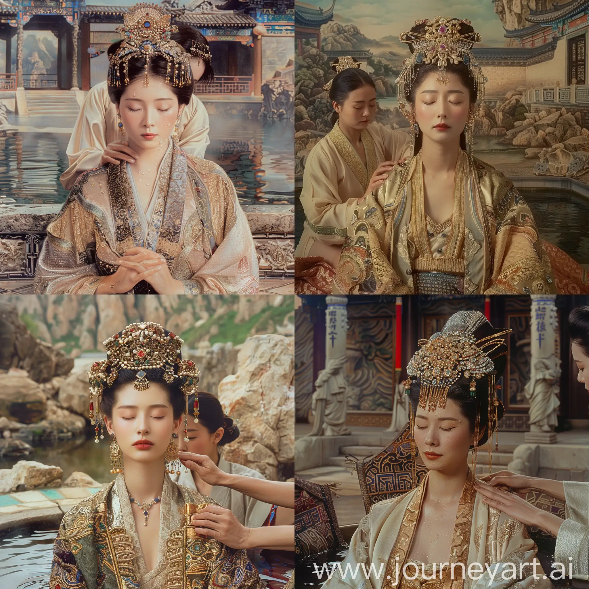 Regal-Chinese-Empress-Relaxing-in-Luxurious-Hot-Spring-with-Maid