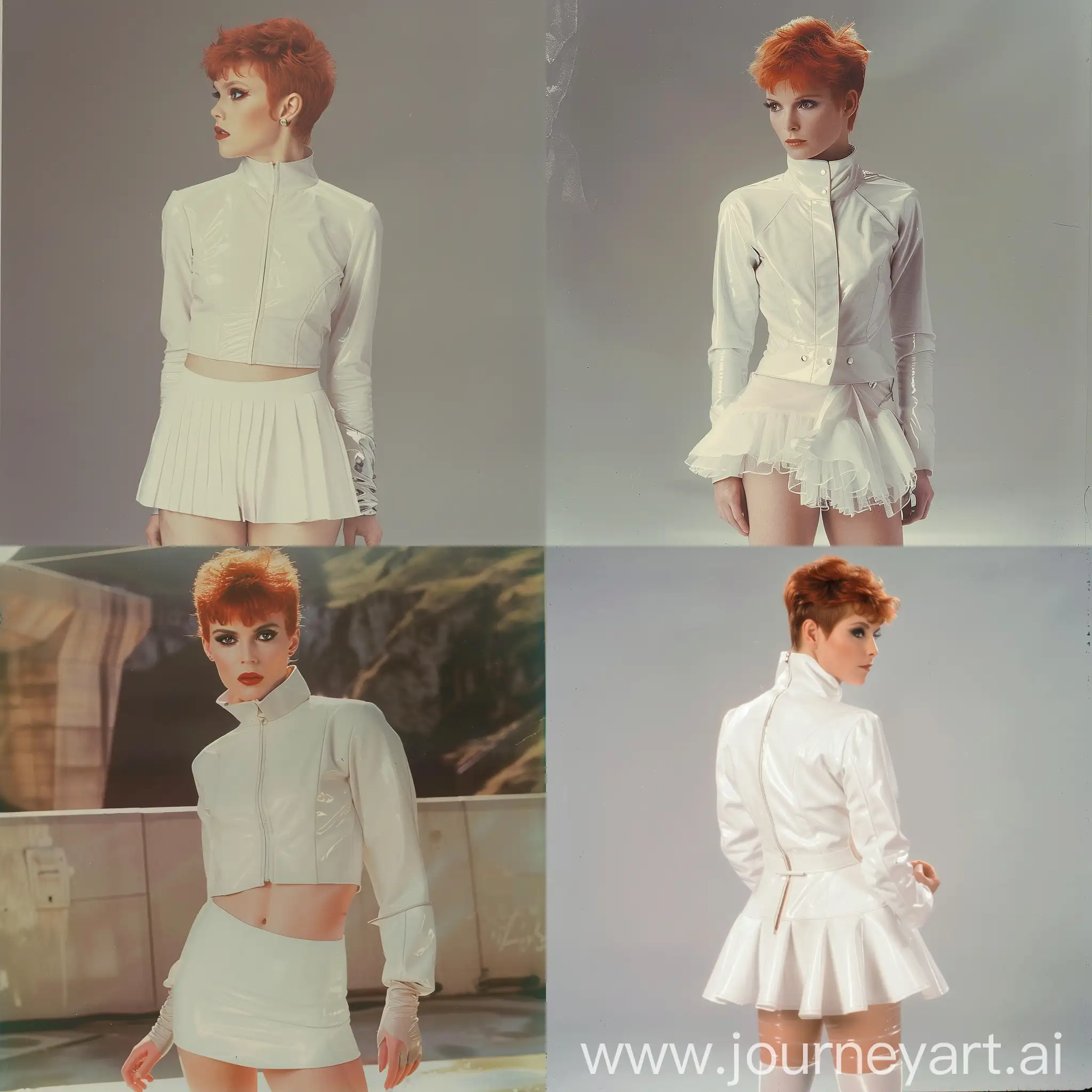 1980s Wynona Ryder short red hair, wear a high collared latex white jacket, with a white skirt