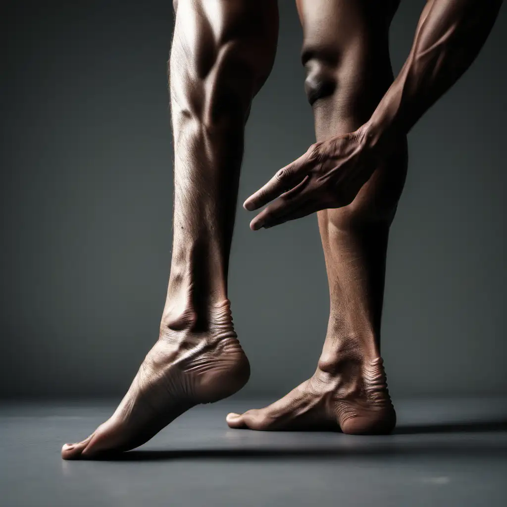 Low-angle shot of Jordan's feet, emphasising the contrast between his sculpted, powerful legs and the vulnerability exposed by strong heel pain on the heel of the foot.