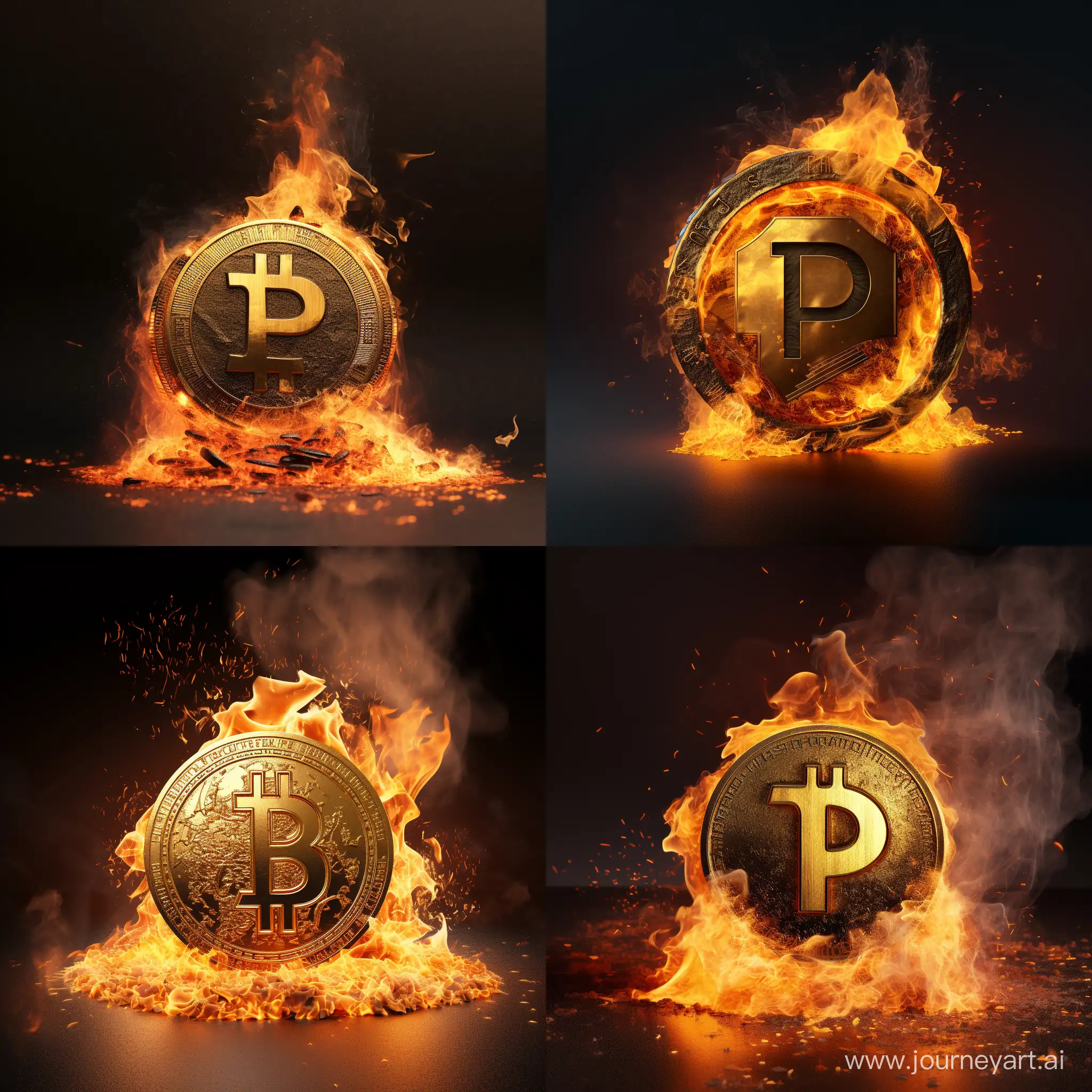 burning gold pyro crypto coin with a "P" on it