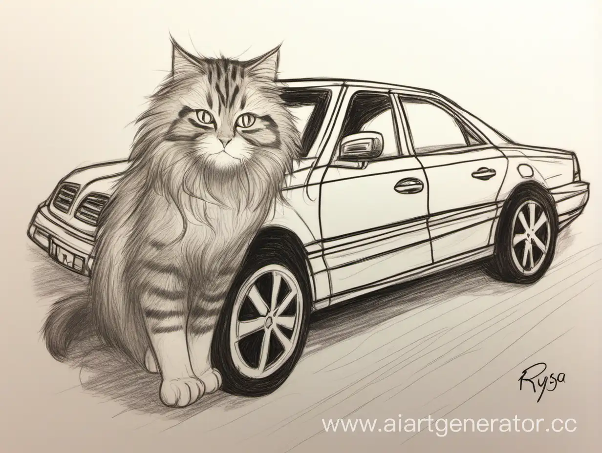 У меня сибирская кошка Рыся, нарисуй как она едет за рулём машины