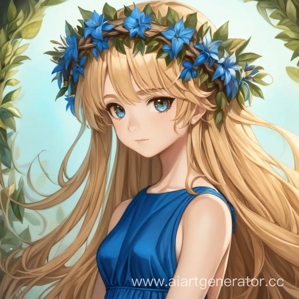 Девушка с венком на голове, голубом платье, карими глазами, блондинка, длинные волосы 