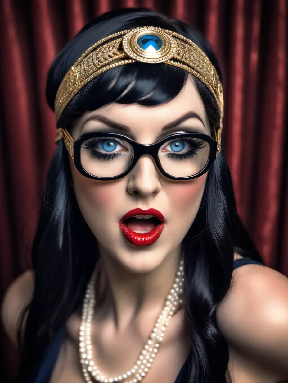 realistic beautiful roaring 20s female model,  long black hair,  gold head band,  blue eyes,  perfect makeup, big breast, red glasses, close mouth.