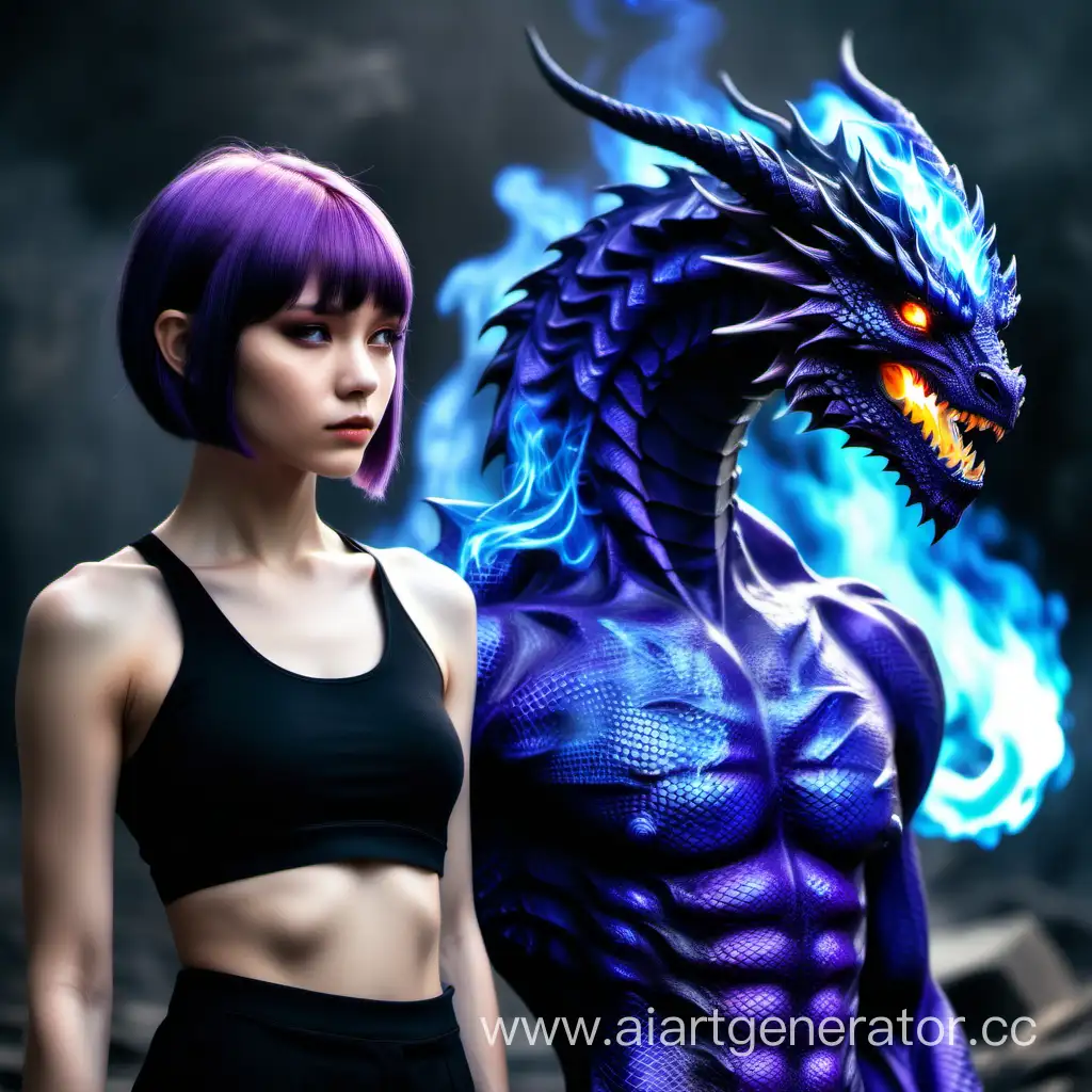 Девушка с фиолетовыми ловосами, каре, среднего роста, стройное спортивное тело, не худая, не толстая, рядом стоит полу-дракон полу-человек мужчина, синий огонь, магия 