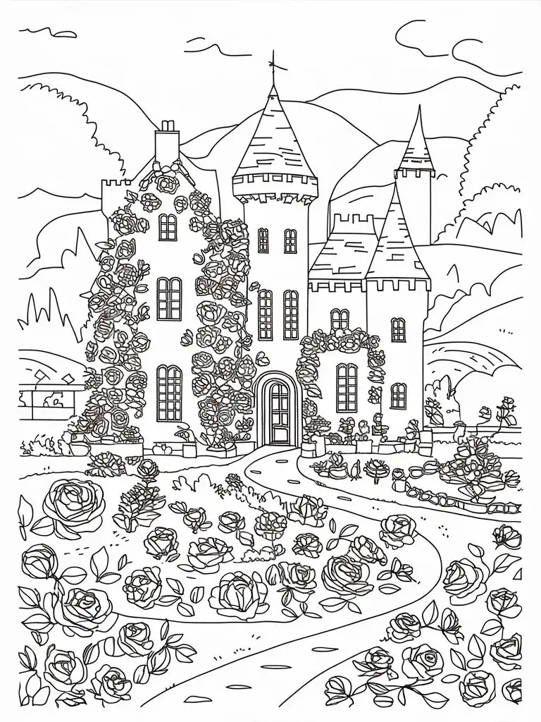 Tranquil Rose Garden Coloring Page in a Majestic Castle
