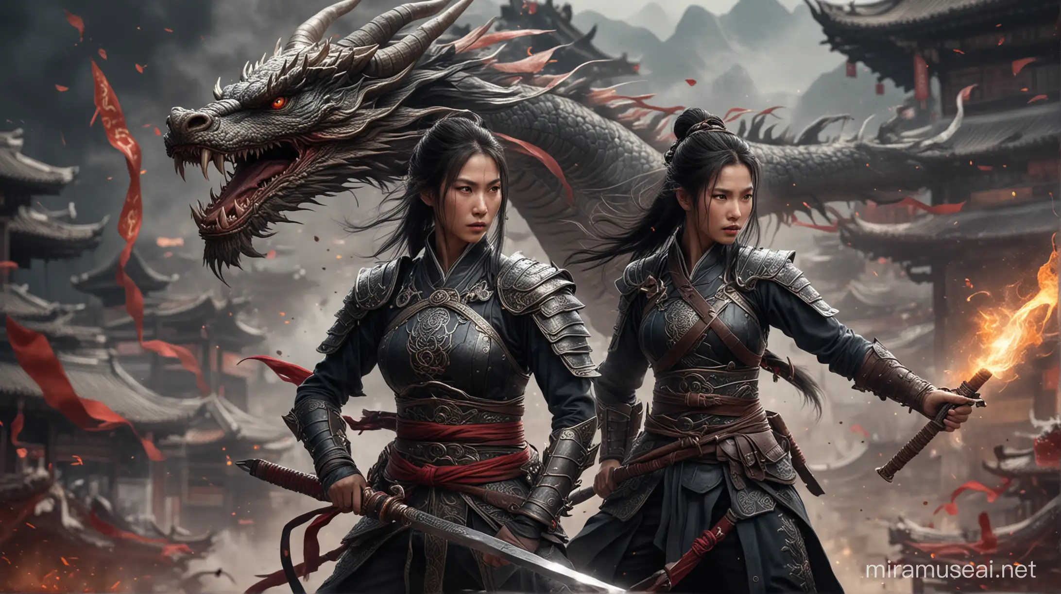 Warrior Women Assassin Sura with Chinese Dragon Background