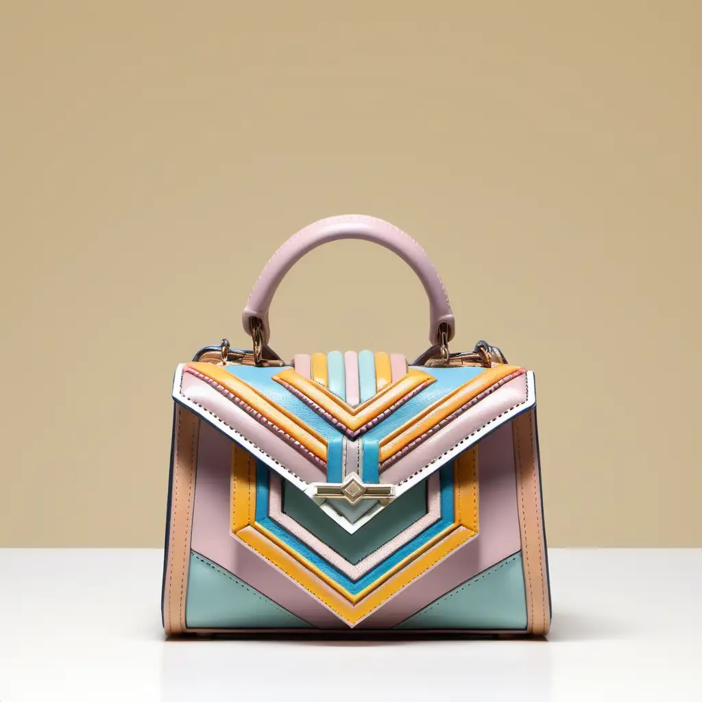 Elegant Frontal View Mini Luxury Leather Bag with Embroidered Inserts and Geometric Design in Pastel Colors
