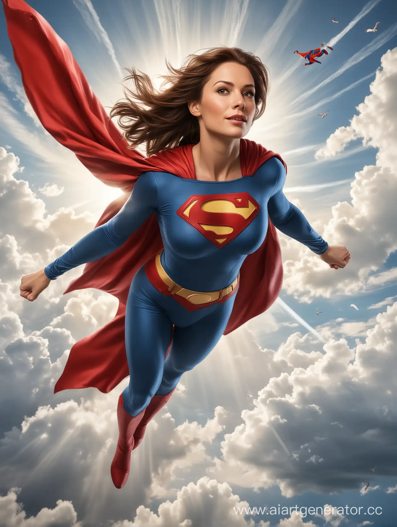 A beautiful woman with brown hair, age 40, She is flying through the sky like Superman, she is wearing the classic Superman costume