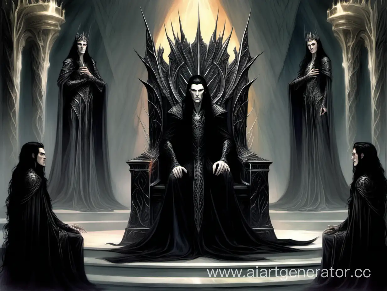 male, long pointy ears, long black robe, thin, very long black hair, silver eyes, vala, elegant, beautiful, in Valinor, Melkor/Morgoth, sitting on the throne, Sauron stands near the throne, two characters on one image