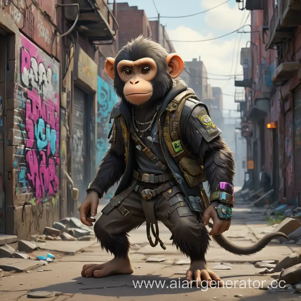 Cyberpunk-Monkey-Explores-DEGEN-Universes-Vibrant-Ghetto-with-Graffiti-Art