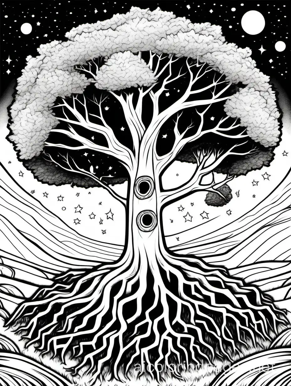 a large tree with roots stretching deep in the ground and branches going up into space, Coloring Page, black and white, line art, white background, Simplicity, Ample White Space. The background of the coloring page is plain white to make it easy for young children to color within the lines. The outlines of all the subjects are easy to distinguish, making it simple for kids to color without too much difficulty