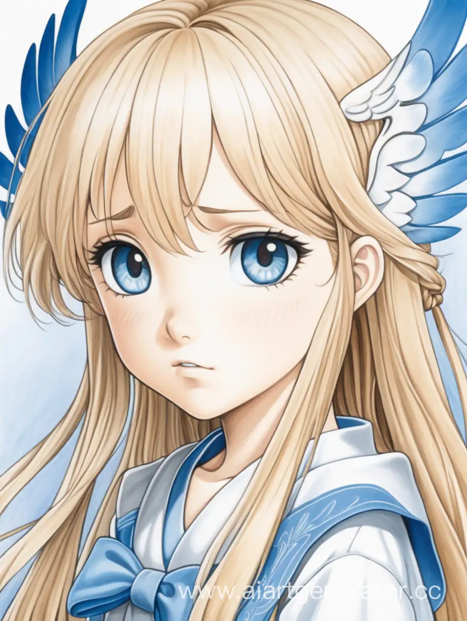 This image showcases an artistically crafted anime-style cartoon of a young girl angel with blue wings . She is beautifully represented with long, flowing blonde hair that seems to shimmer, adding a touch of charm to her overall character. The illustration is dominated by the color white, which gives a sense of purity and innocence to the overall image. Furthermore, the girl's face is a focal point, featuring prominently in the illustration. Her expressive eyes, a common characteristic of manga and anime art, are captivating and draw attention. Particular emphasis is placed on the eyes, which appear to be the most detailed aspect of this drawing. Although the image is a non-photographic abstract, it has a relatable human element due to the girl's realistic facial expressions. Despite being a cartoon, the illustration exudes a striking semblance to a human face. The image doesn't contain any identifiable objects or text, but the simplicity of the design allows the viewer to fully appreciate the character's detailed representation. Overall, this image presents a delightful depiction of a blonde-haired girl in an anime-cartoon style that is both charming and captivating. The girl's expressive eyes and the careful attention to detail in the artwork make it a fascinating image, evocative of the unique aesthetic found in manga and anime.