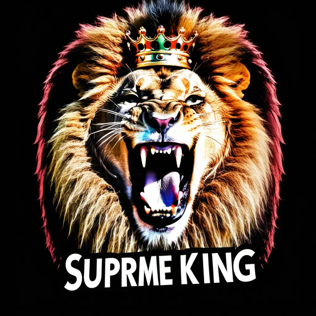 a lion with mouth wild open with the words “Supreme King” in its mouth.
