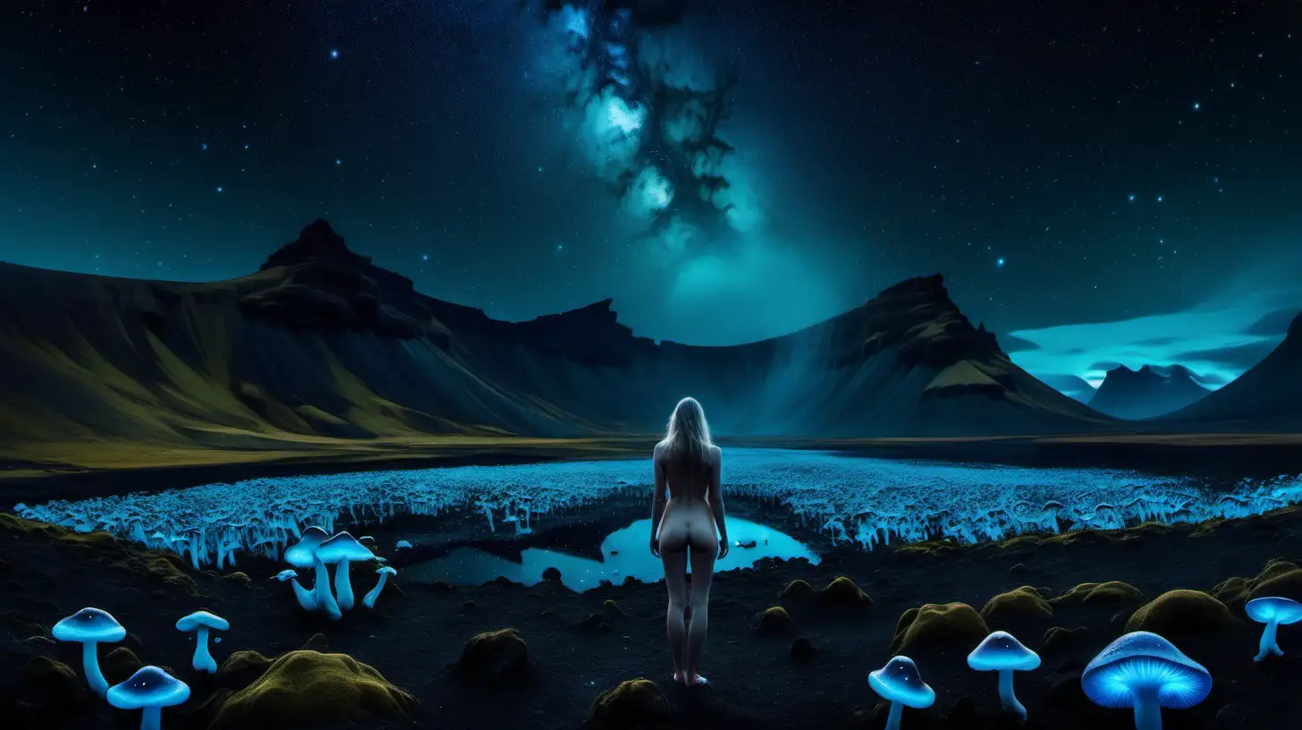 Psychedelic dark landscape, Icelandic, large mountain range, vivid galaxies and stars in the sky, low contrast, muted colors, nude woman standing in center looking away from viewer, blue bioluminescent mushrooms