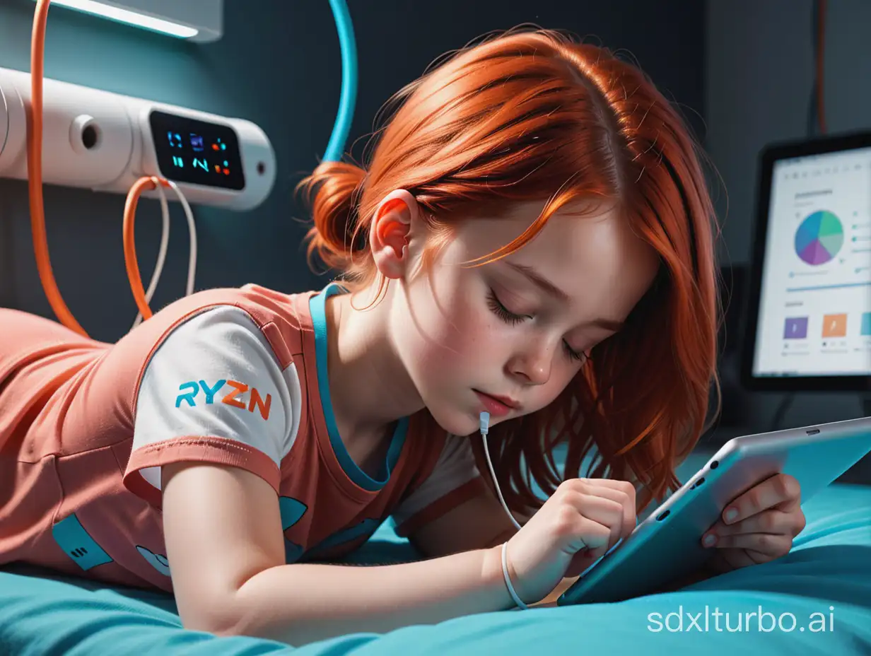 pg scene, close up view, little girl with red pigtal hair sleeping,tablet with vital functions status and she have fancy shirt with text "Tester 4" on it, on bed is text "ryzen dreams"  on blue undies is ai logo and life checking cable connected to neck, also oxygen cables going out from nose, on left corner of picture text logo of "EasierIT Lab" , scene is laboratory building, rich colors, high contrast, moody colors, trending on artstation, dramatic lighting, painting by Alessio Albi, Otto Schmidt
