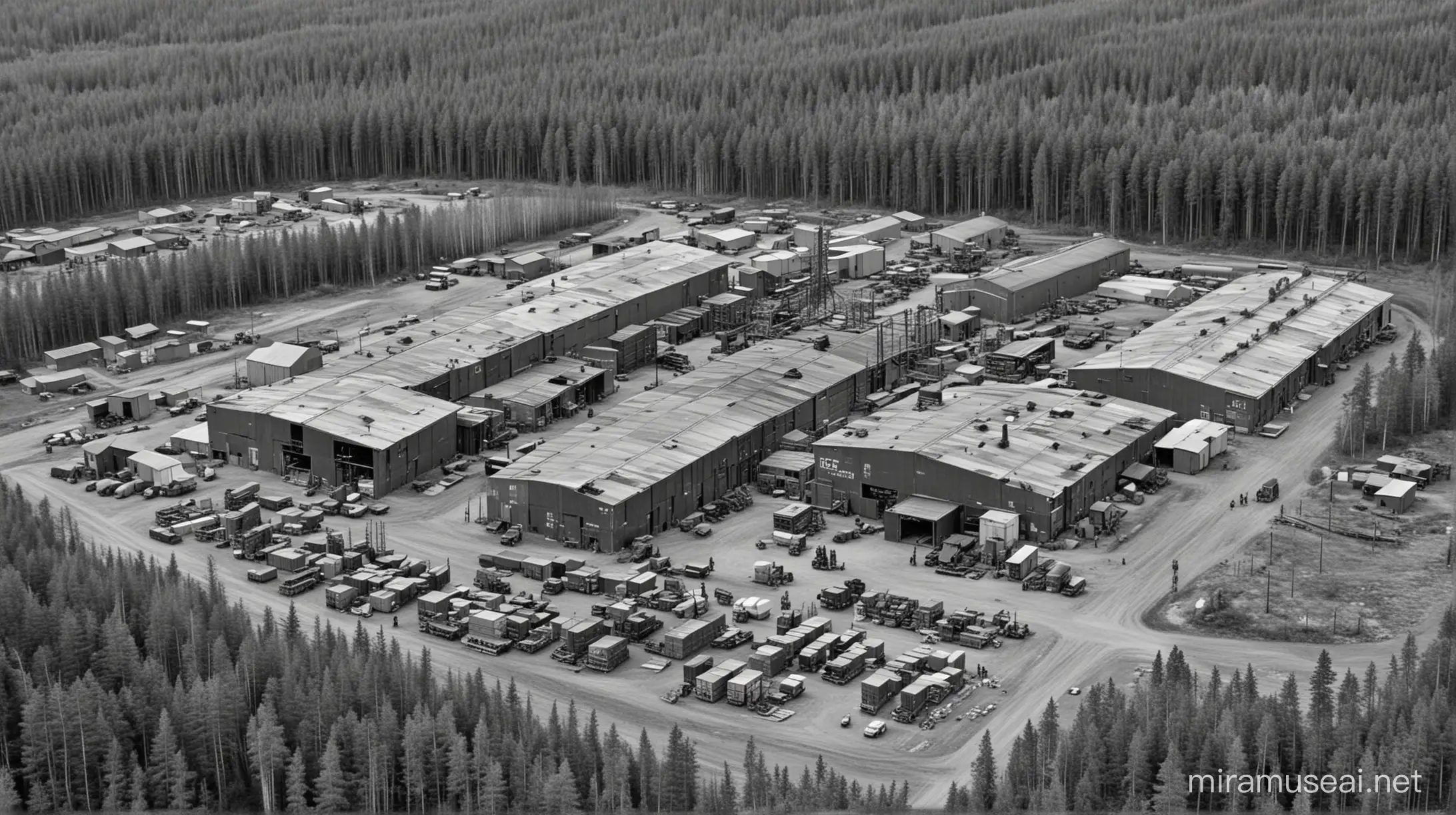 Aerial View of Early 20th Century Factory with Taiga Surround and Armed Watchmen