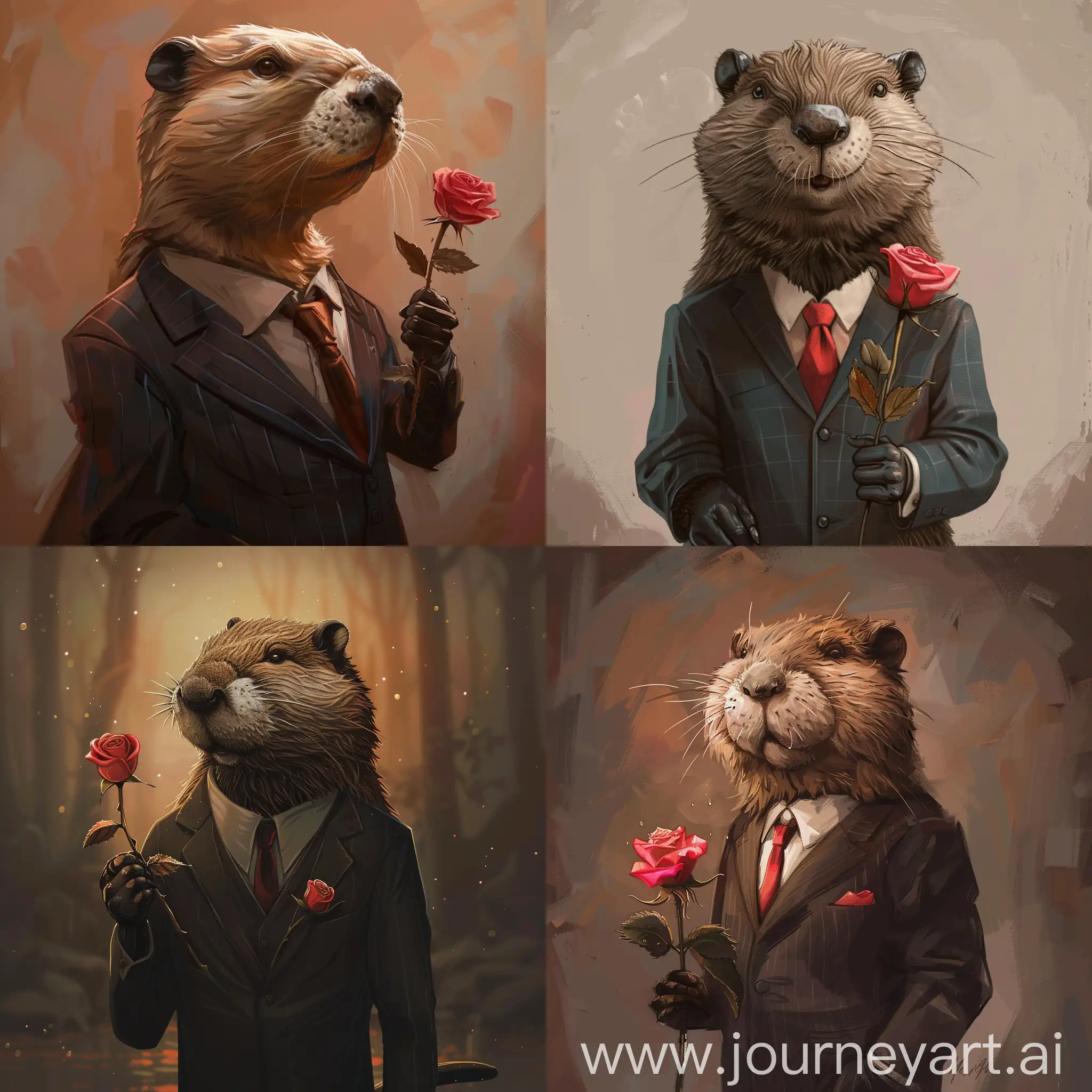 Dapper-Beaver-Holding-a-Romantic-Rose-in-Elegant-Suit