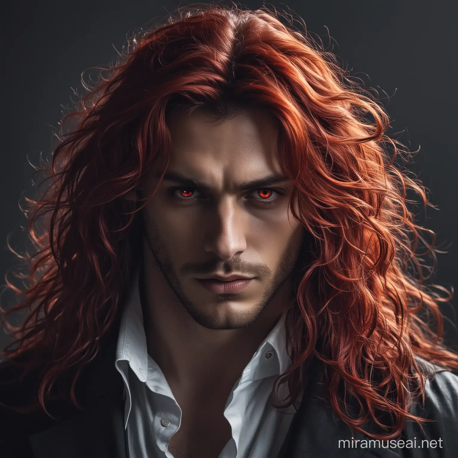 Demonic Stylish Man with Red Wavy Hair and Fiery Gaze