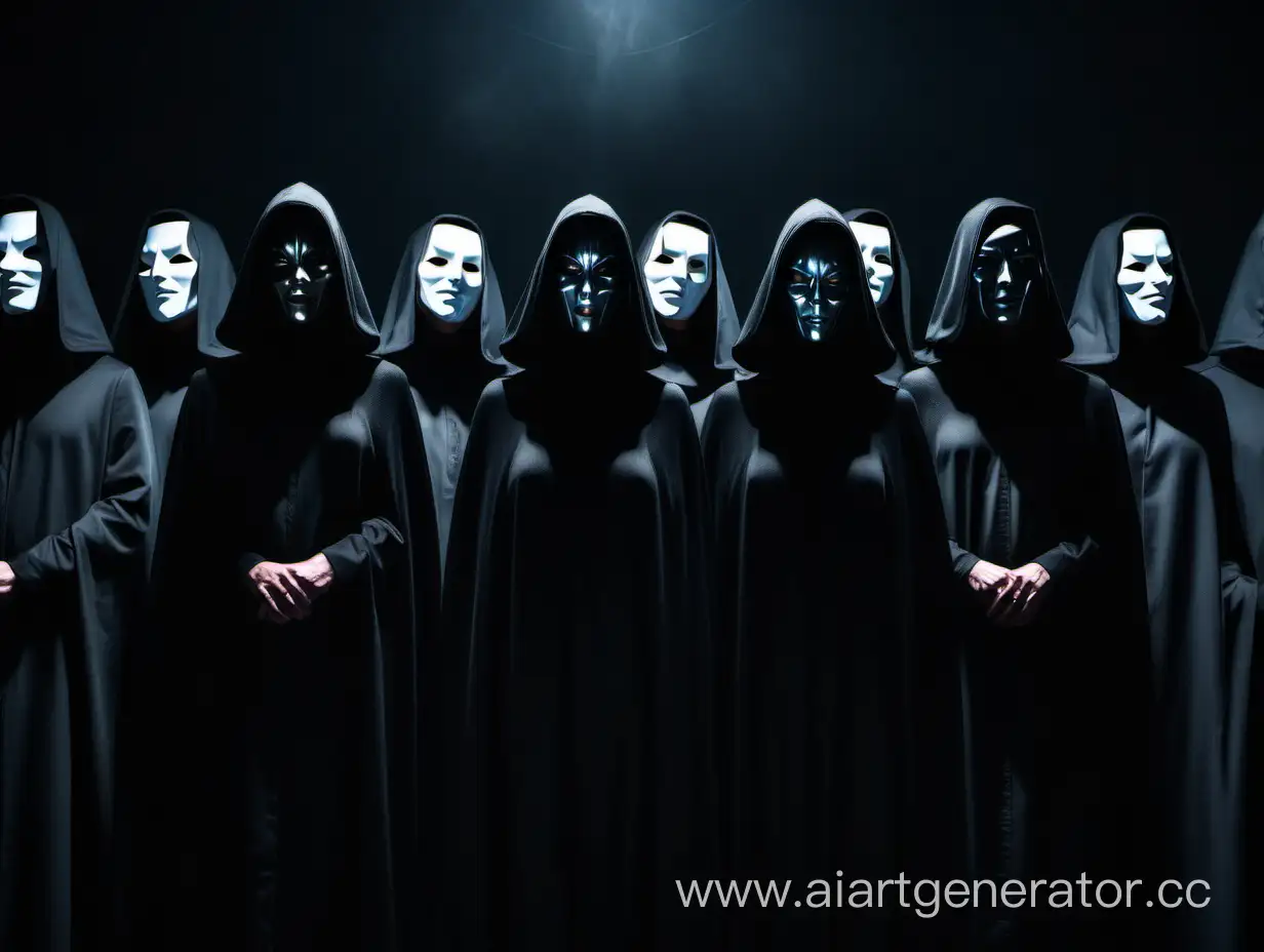 Девять персонажей в зеркальных масках без глаз закрывающие лицо целиком стоят в темноте, одеты в черную мантию. крупный план. маски без рта и глаз