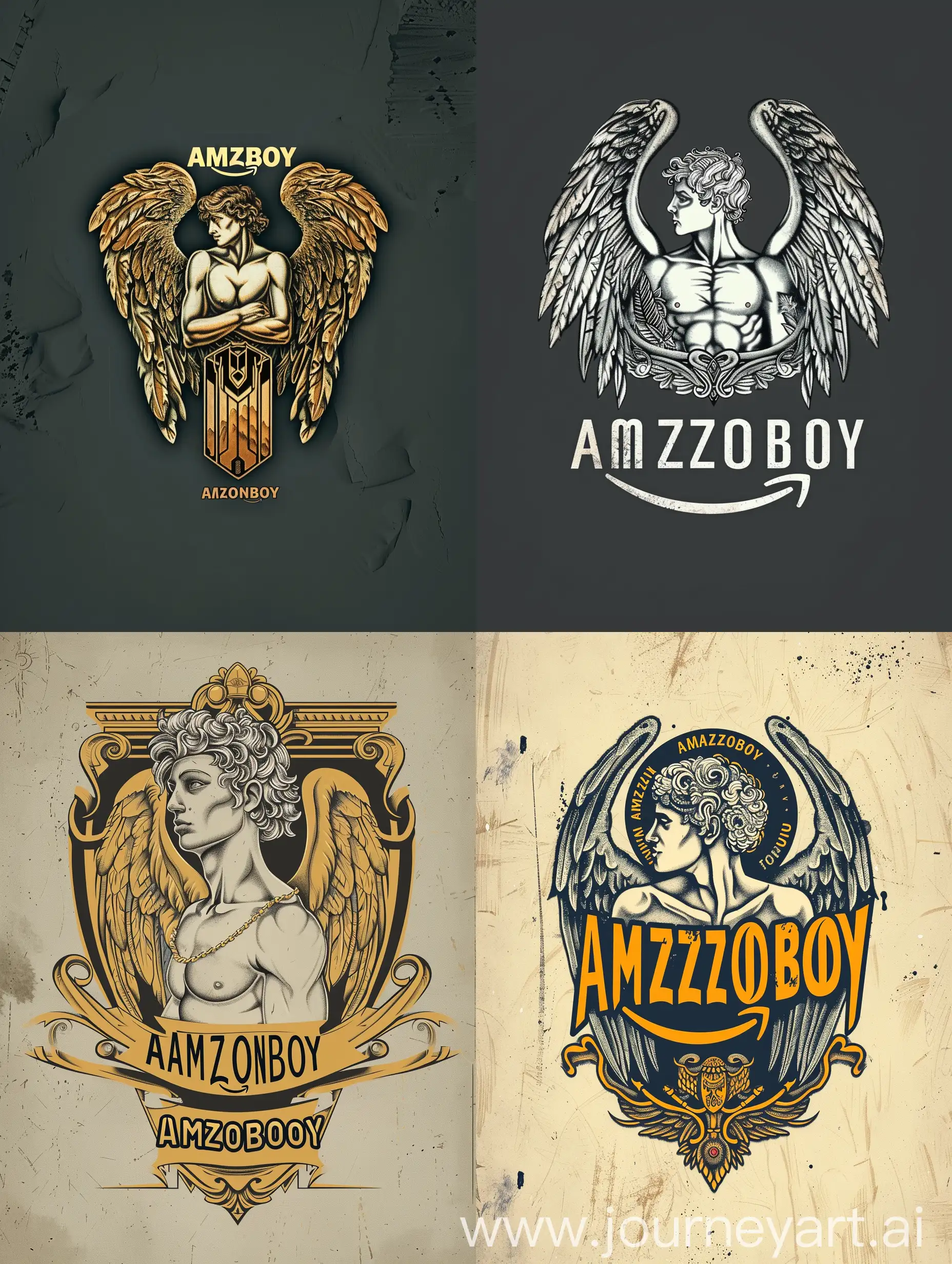 a vintage logo design for a streetwear brand called "AMZONBOY" about mythology and angels