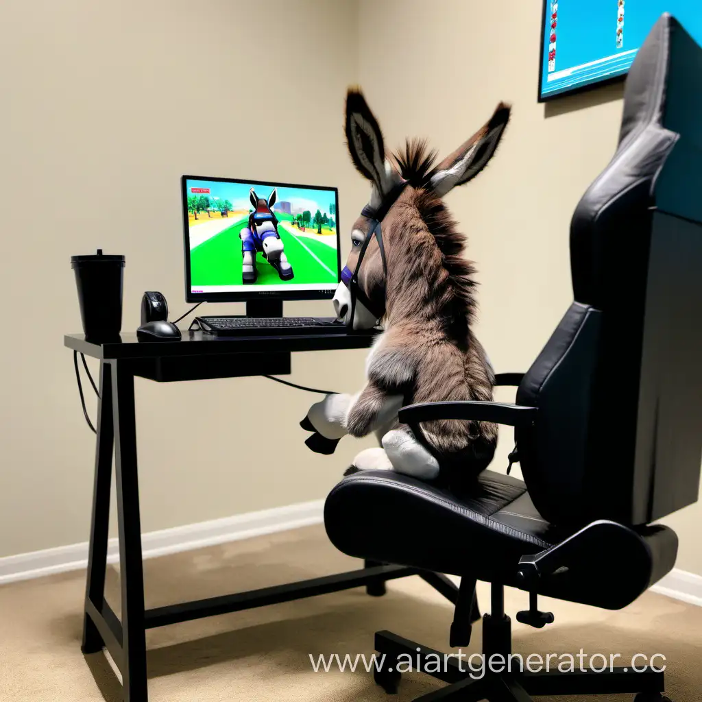 живой осёл сидин на игровом кресле и  играет за компьютером в роблокс