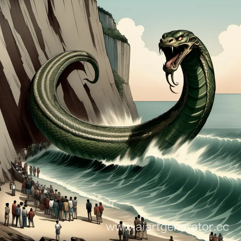 A massive serpent emerges from the sea next to a cliff onto a small boat with people