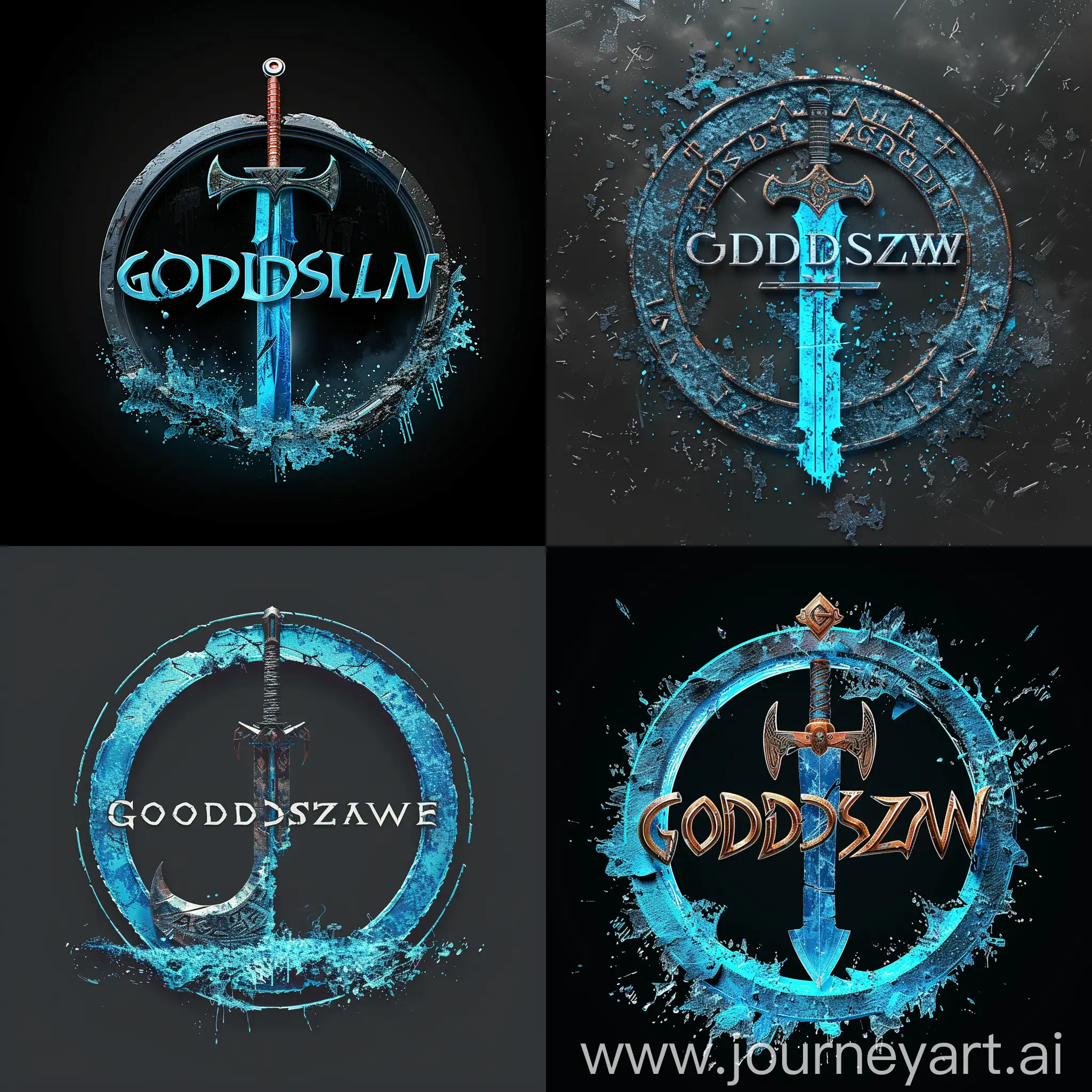 Come up with a logo for an FPS videogame about killing Nordic gods, called "Godslayer". Be inspired by the Fallout videogame franchise logo or the Elder Scrolls videogame logo. Have a futuristic viking sword infused with blue resin go through the text, and the bottom of the circle should be deteriorating.