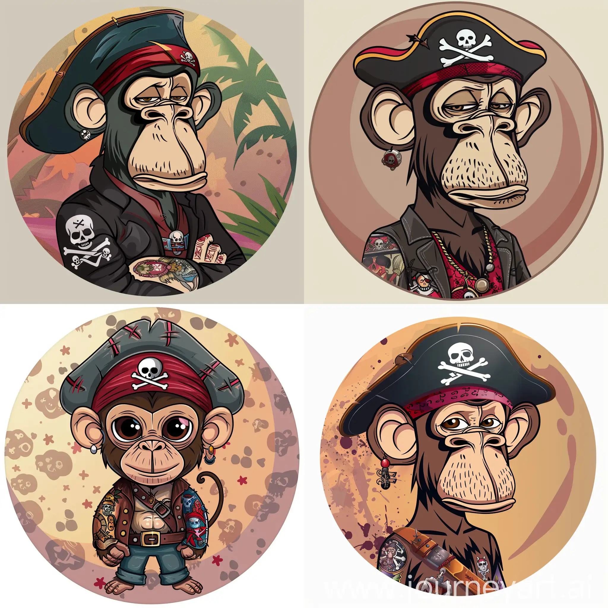 Cartoon of a pirate monkey with pirate style tatoos

With a round background 

For a tee-shirt design 

