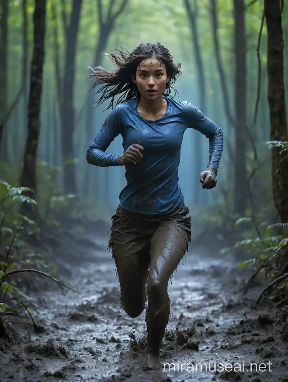 Create an image of dark forest with blue light. forest fully cover on mud. one women running into the mud. women body fully mud 