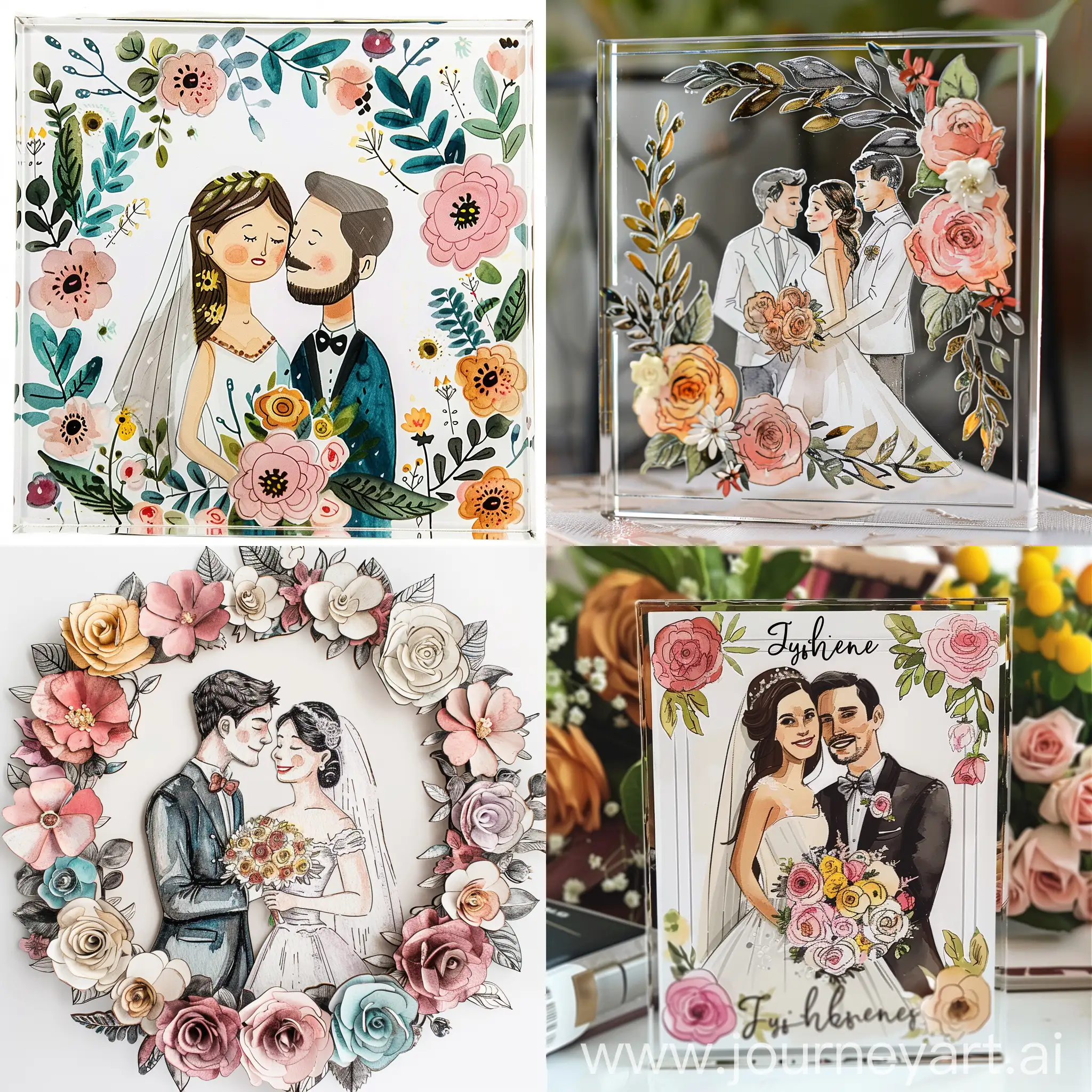 Detailed-Watercolor-Floral-Acrylic-Plaque-with-Just-Married-Couple-Drawing
