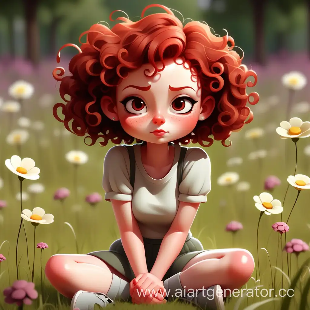 Adorable-Cartoon-Girl-with-Short-Red-Curly-Hair-Sitting-in-Flowery-Meadow