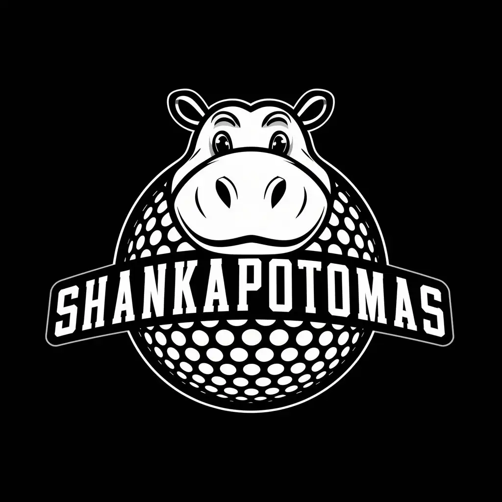 LOGO-Design-For-Shankapotomas-Smiling-Hippo-Head-in-Black-and-White-with-Golf-Ball-Theme