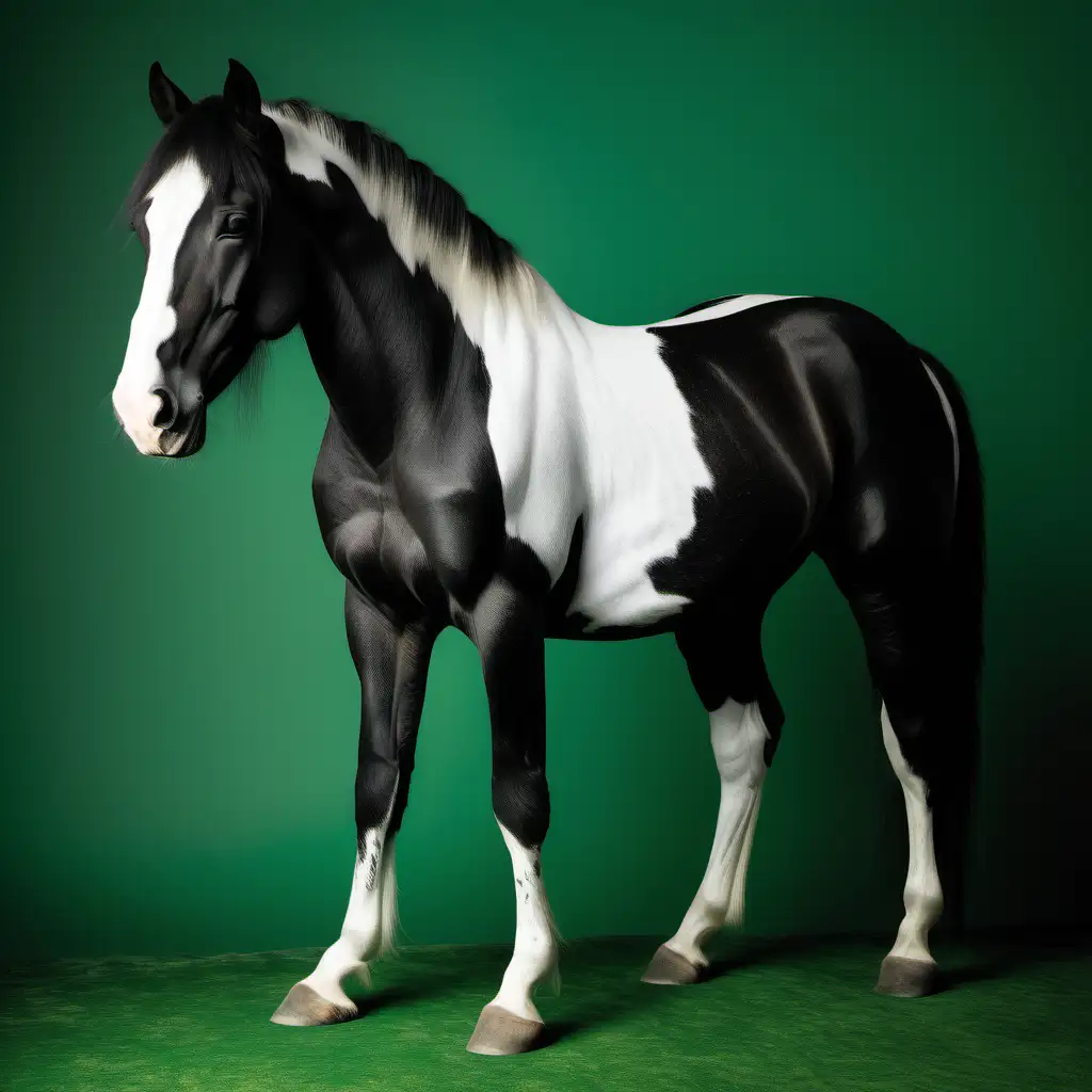 Направи ми картинка на  черно бял кон в цял ръст с наведена глава на зелен фон