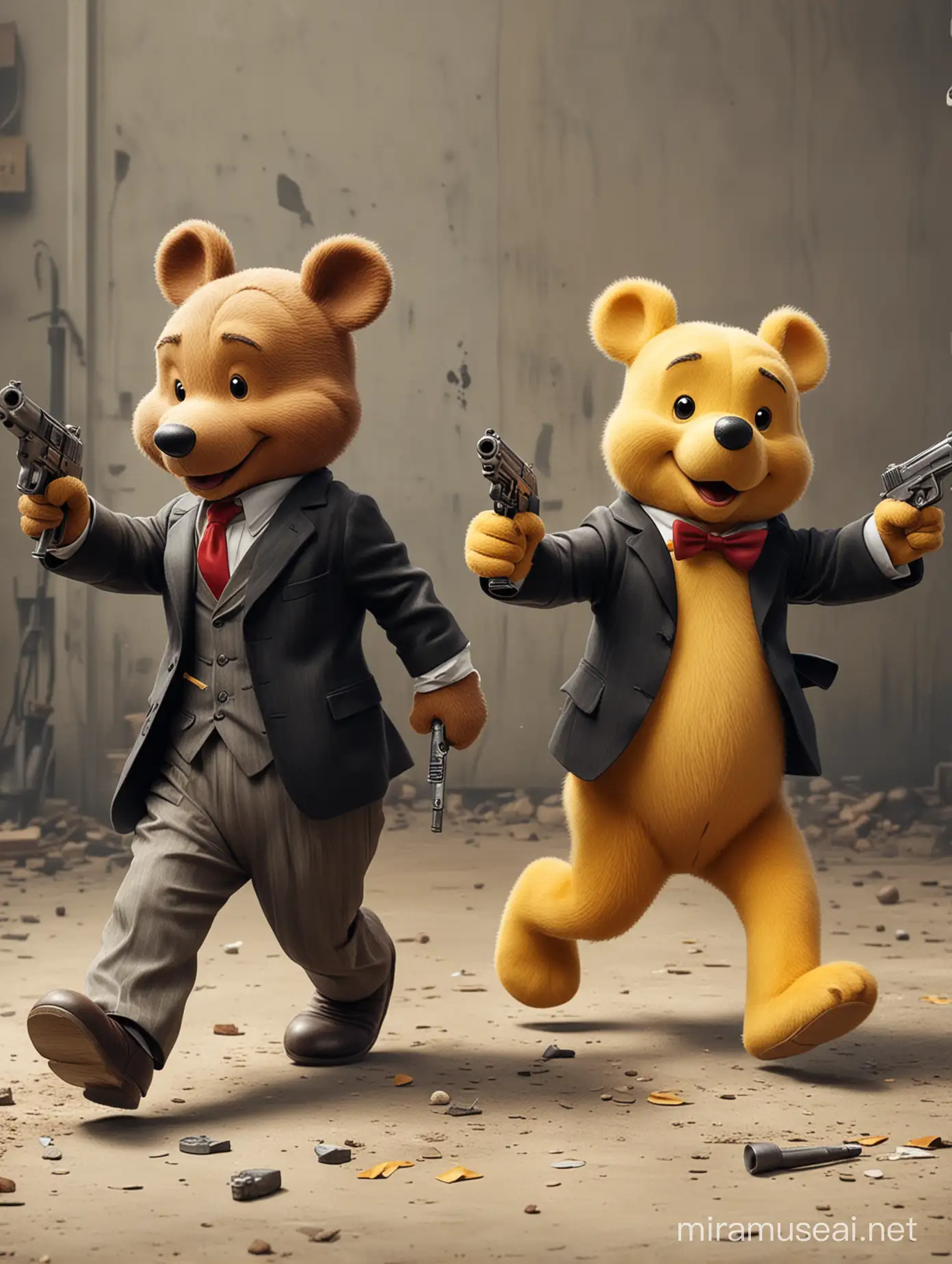 Mickey Mouse and Winnie the Pooh in Elegant Suits Fleeing Bank Robbery