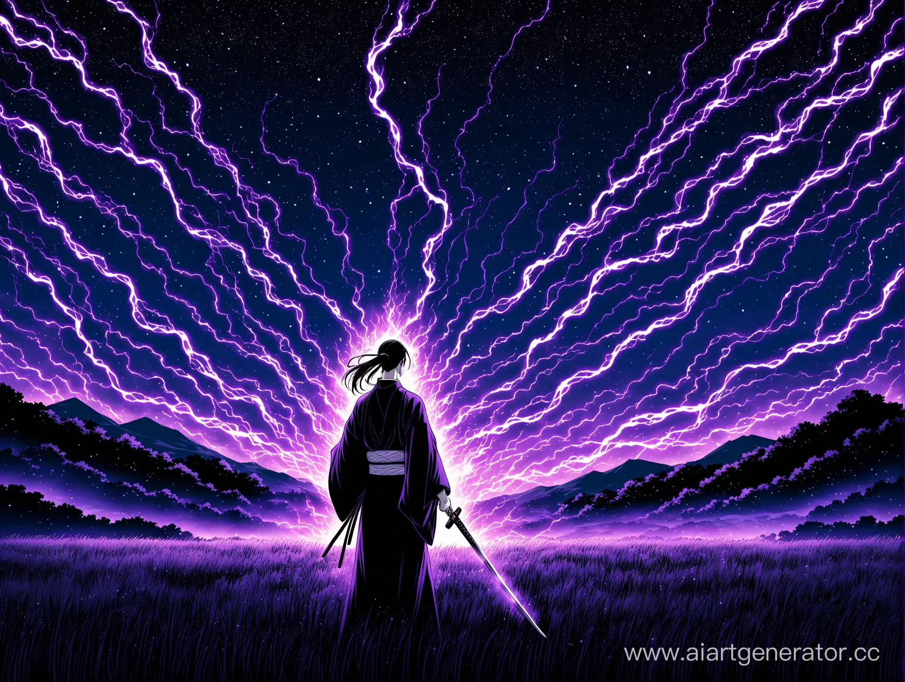 Ethereal-Samurai-Illuminated-by-Electric-Spear-and-Fiery-Katana-in-Starlit-Field