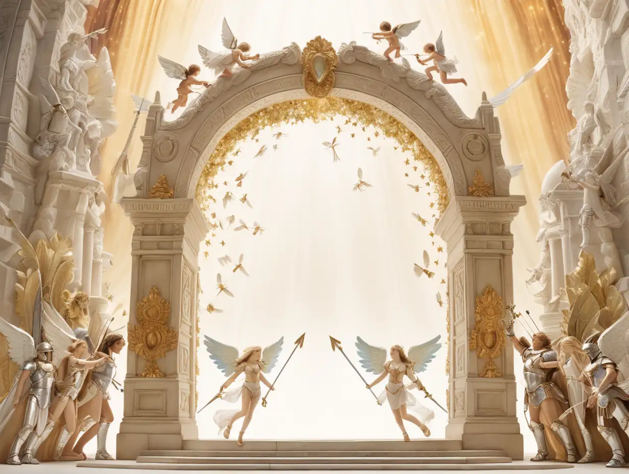 Radiant Armored Cupid Angels Guarding Celestial Gateway at Wedding Diorama